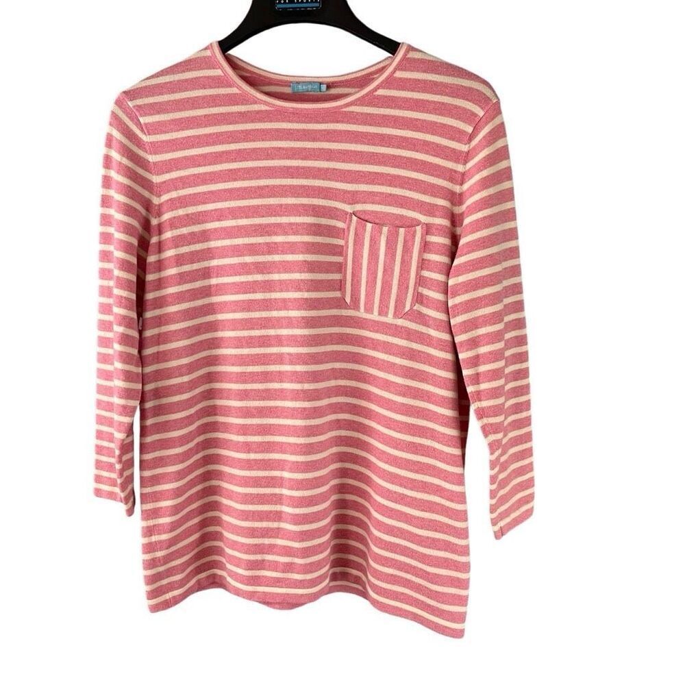 J. Mclaughlin Womens 3/4 Sleeve Round Neck Striped Shirt Pink White Size Medium